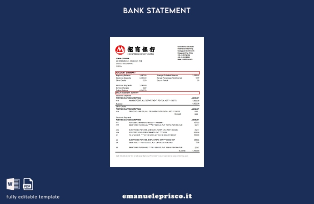 modello Excel di estratto conto bancario di China Merchants in stile verificato
